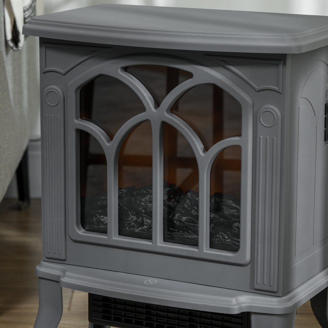 Gray electric fireplace stove with glowing logs