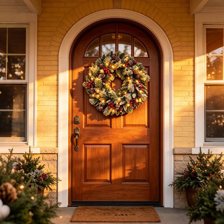 Frosted lighted wreath with red berries