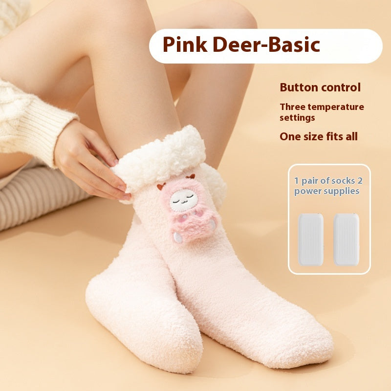 Plush heated socks with a pink deer badge