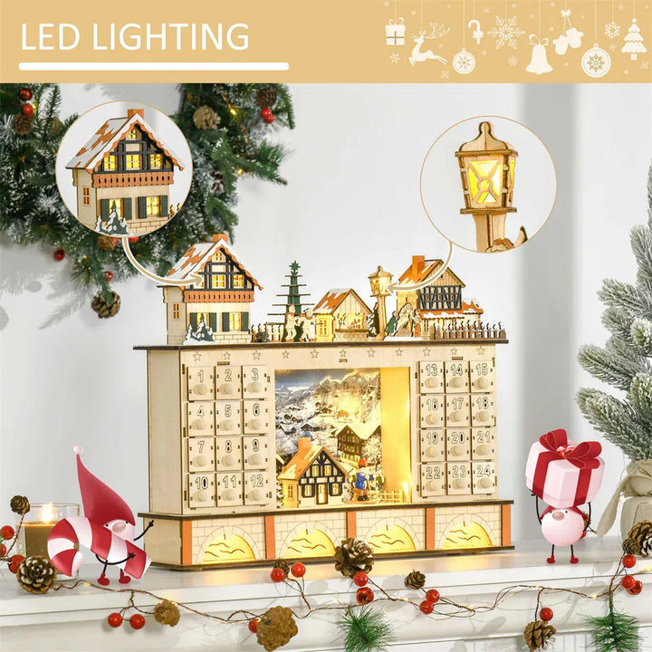 Lit wooden Christmas village advent calendar