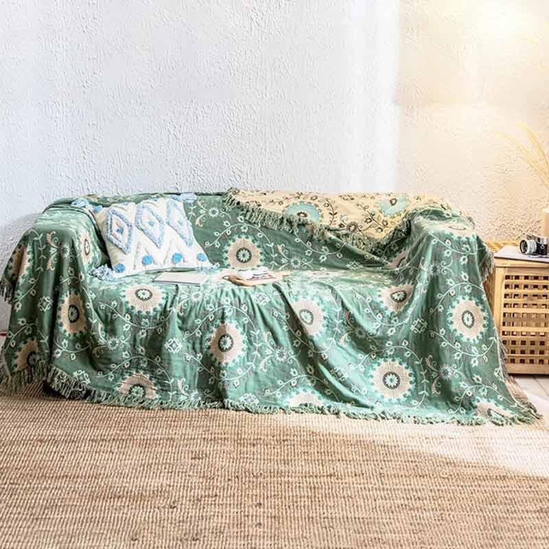Reversible Cotton Couch Cover Blanket for Sofa and Bed