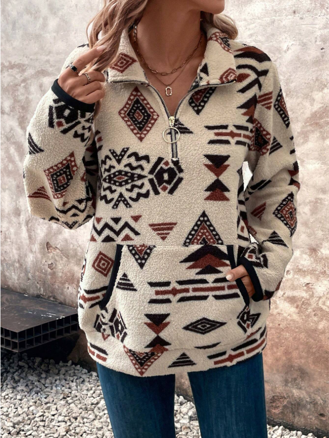 Plushridge Half-Zip Fleece Sweatshirt with Geometric Print