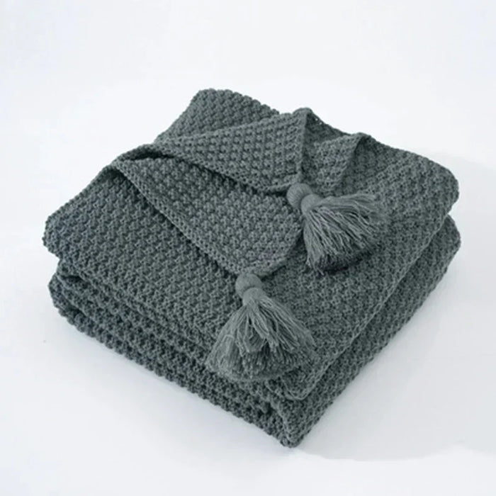 Plushridge™ Handwoven Wool Blanket with Fringe and Pom-Poms