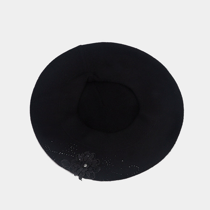 French knit beret with flower and rhinestones