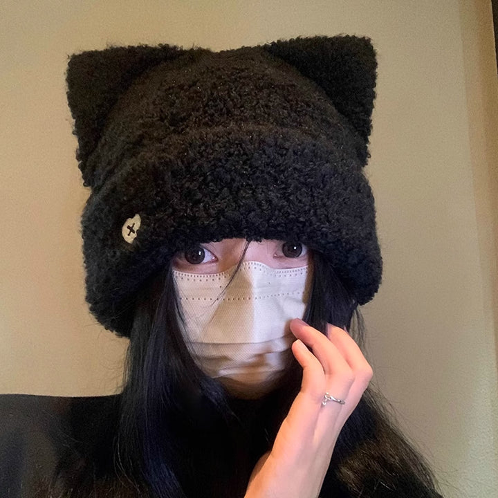 Cream fluffy sherpa beanie with cat ears