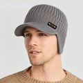 Men's knit beanie with peak and ear flaps
