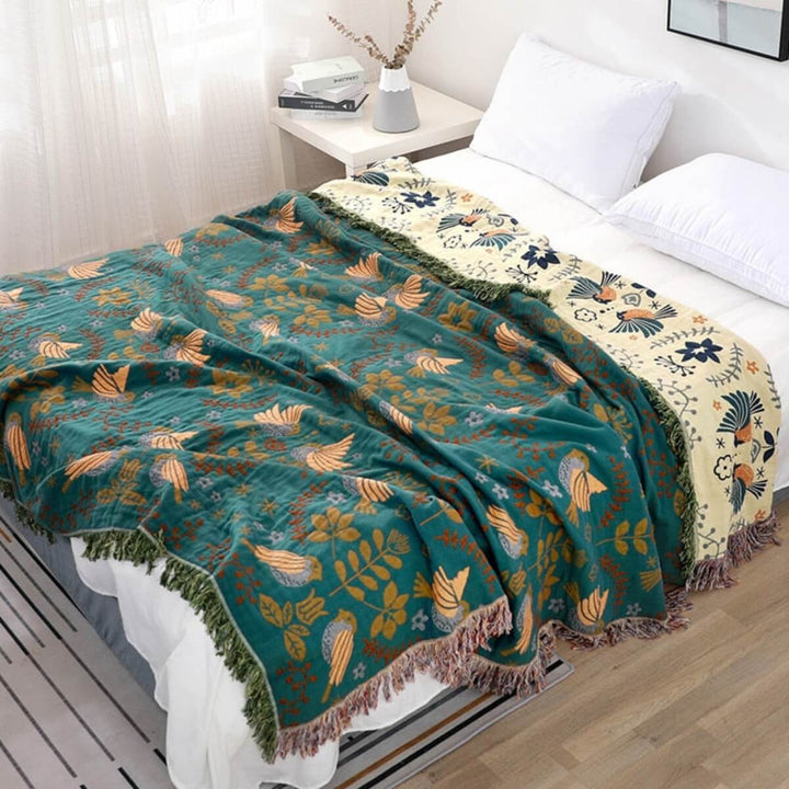 Reversible Scandinavian Bird Throw Blanket in Cotton