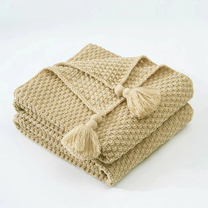 Plushridge™ Handwoven Wool Blanket with Fringe and Pom-Poms