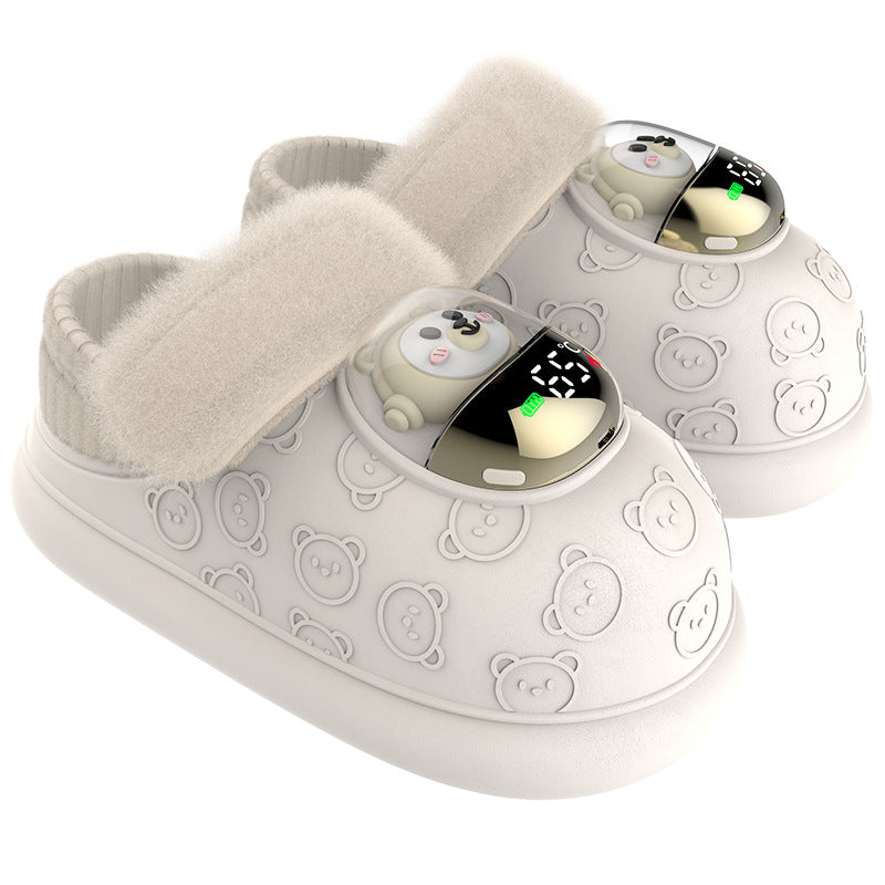 Beige rechargeable heated slippers with display