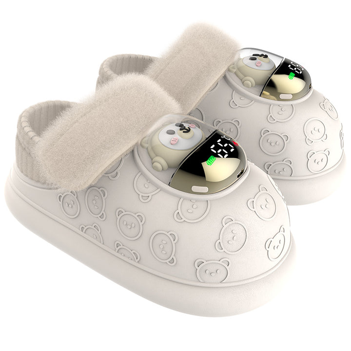 Beige rechargeable heated slippers with display