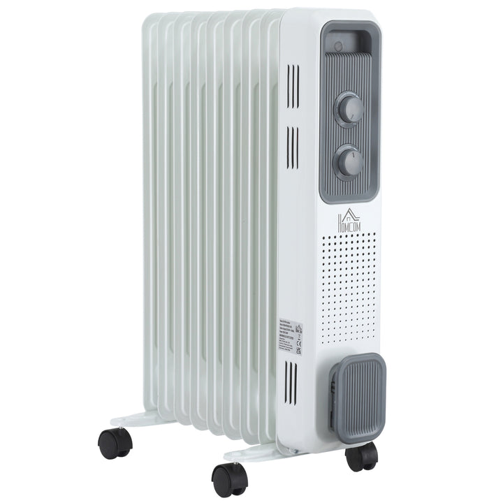 White nine-fin oil-filled radiator on wheels