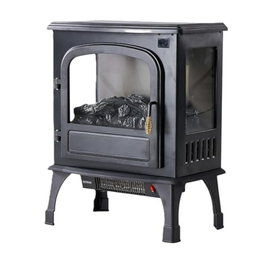 Black electric stove fireplace with glowing 3D flames