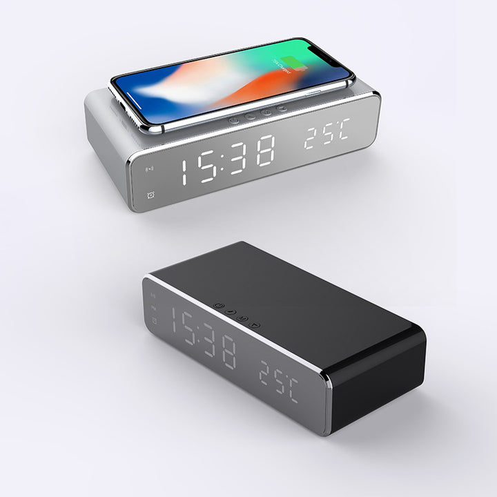 Mirror LED alarm clock with wireless charger