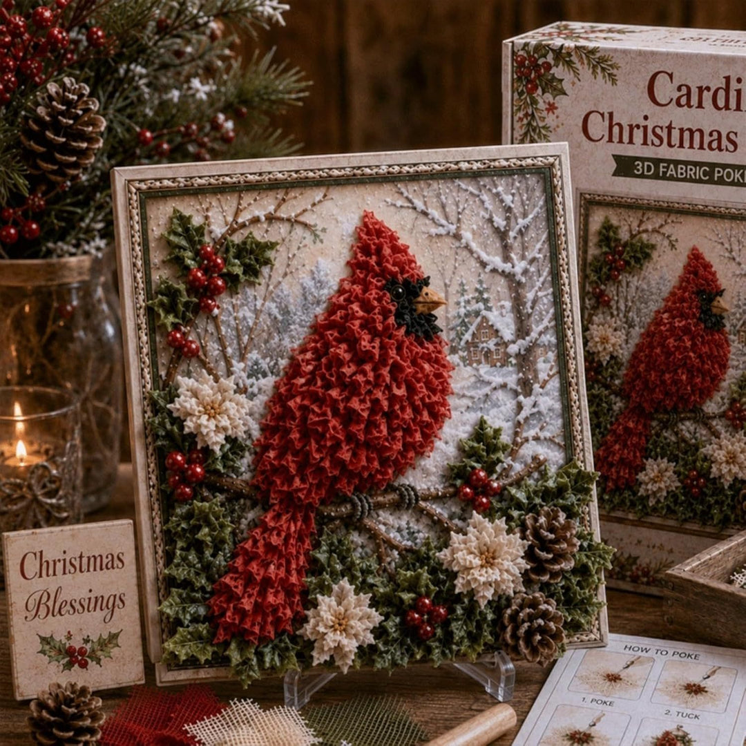 3D fabric poke art Christmas cardinal in frame
