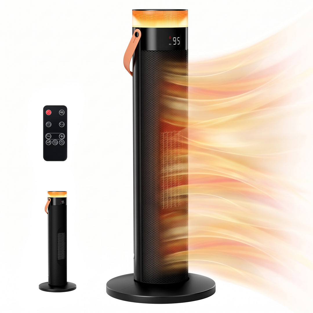Black slim tower heater with glowing LED ring