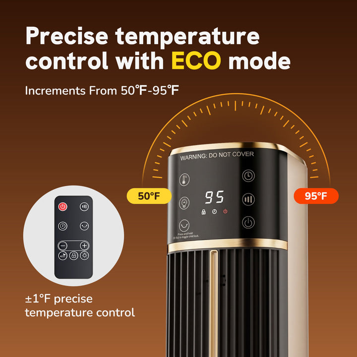 Tall black ceramic tower heater with flame effect panel
