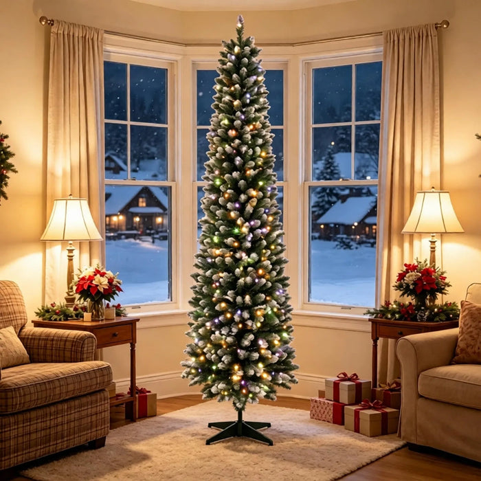 Plushridge 8 ft Slim Frosted Pencil Christmas Tree with 300 LEDs