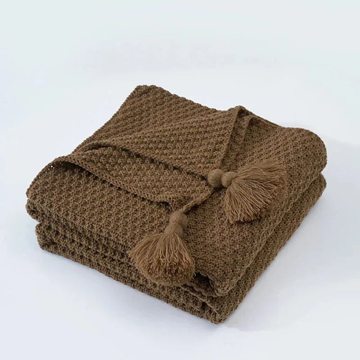 Plushridge™ Handwoven Wool Blanket with Fringe and Pom-Poms