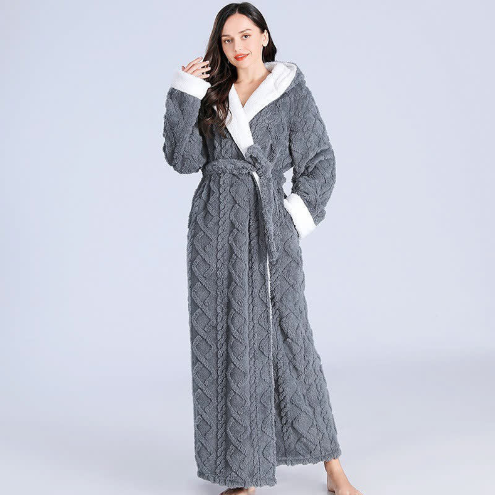 Long Plush Knit Hooded Robe with Two Patch Pockets