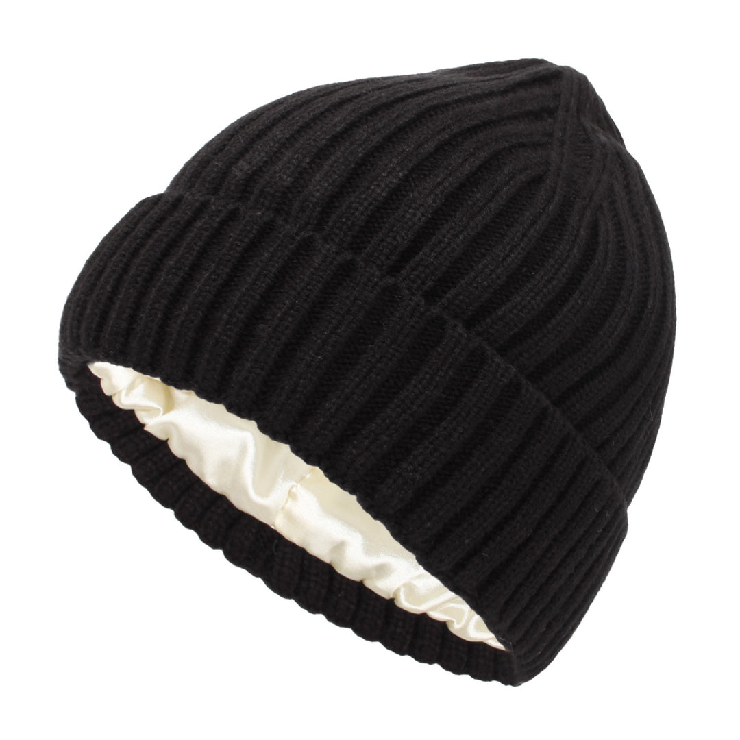 Satin-lined ribbed knit beanie in cream