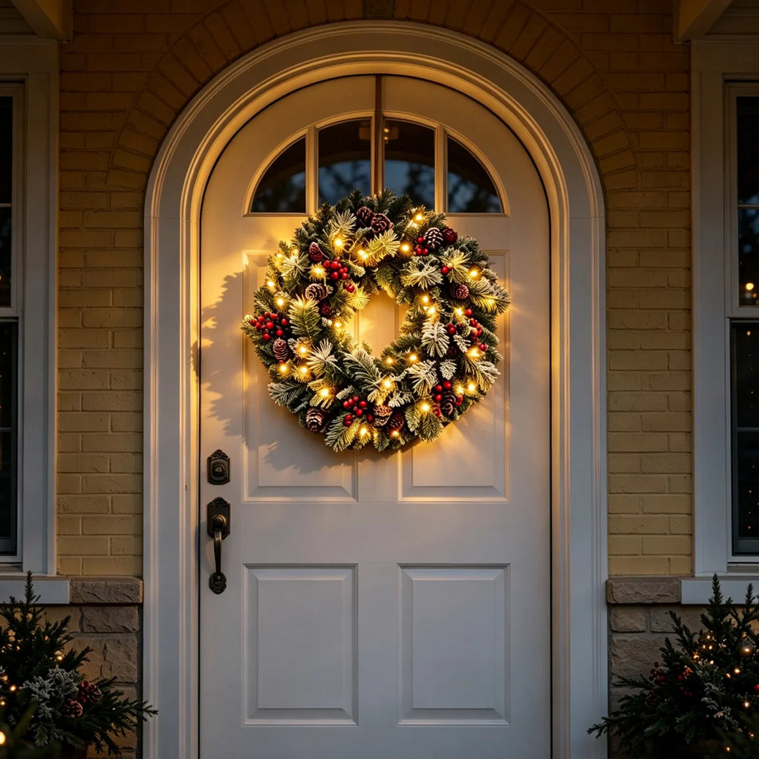 Frosted lighted wreath with red berries