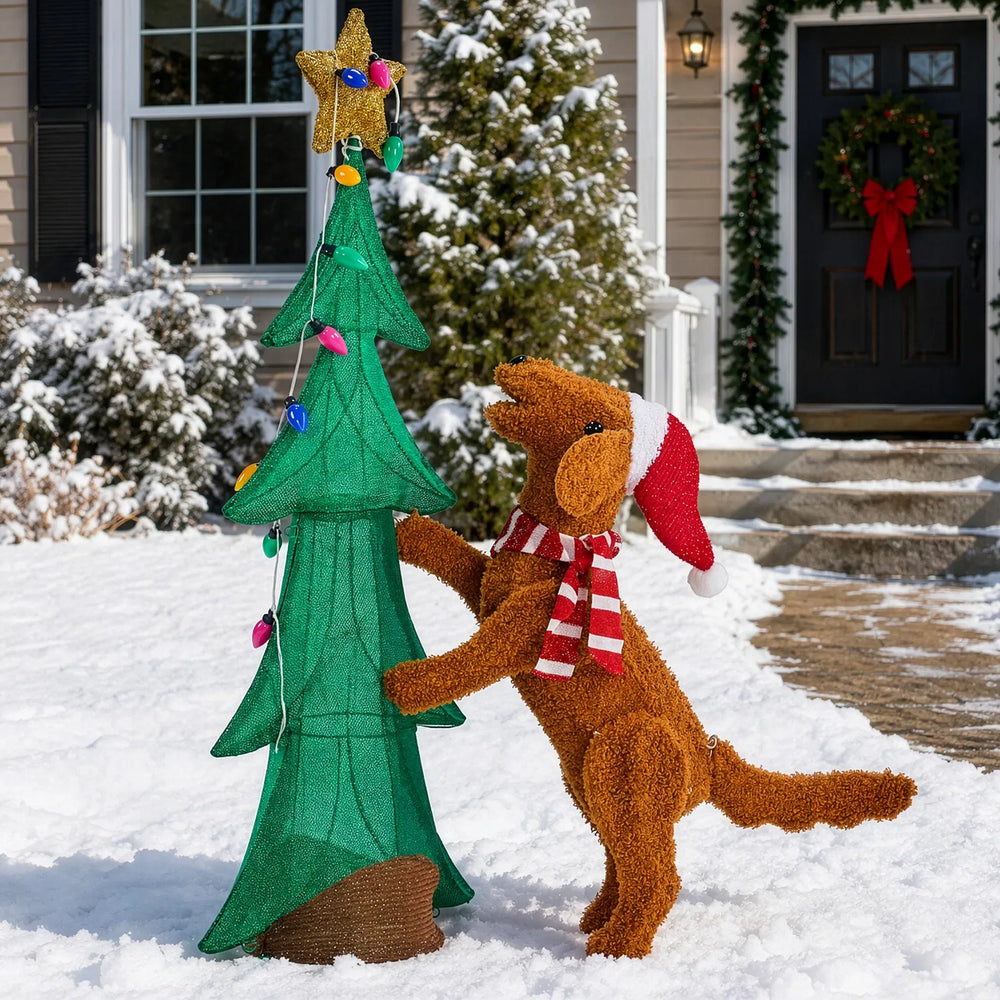 Light-up plush dog climbing Christmas tree