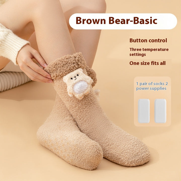 Plush heated socks with a pink deer badge