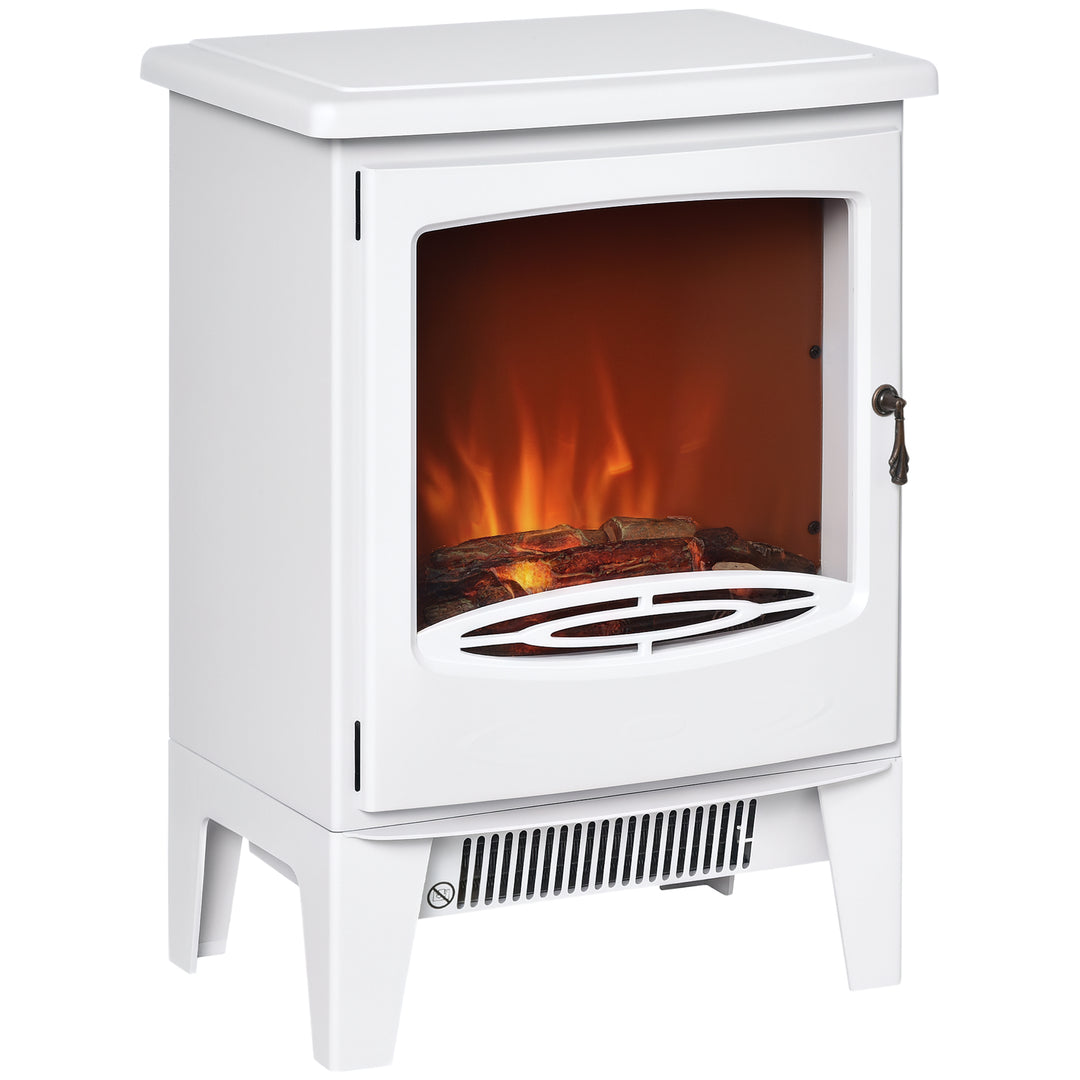White electric fireplace stove with glowing LED flames