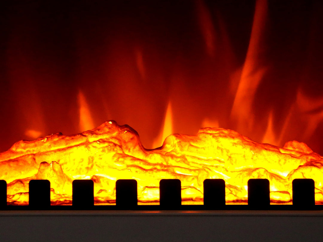 White log burner style electric fireplace with flames