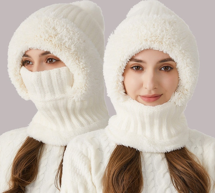 Woman wearing knit hood with scarf
