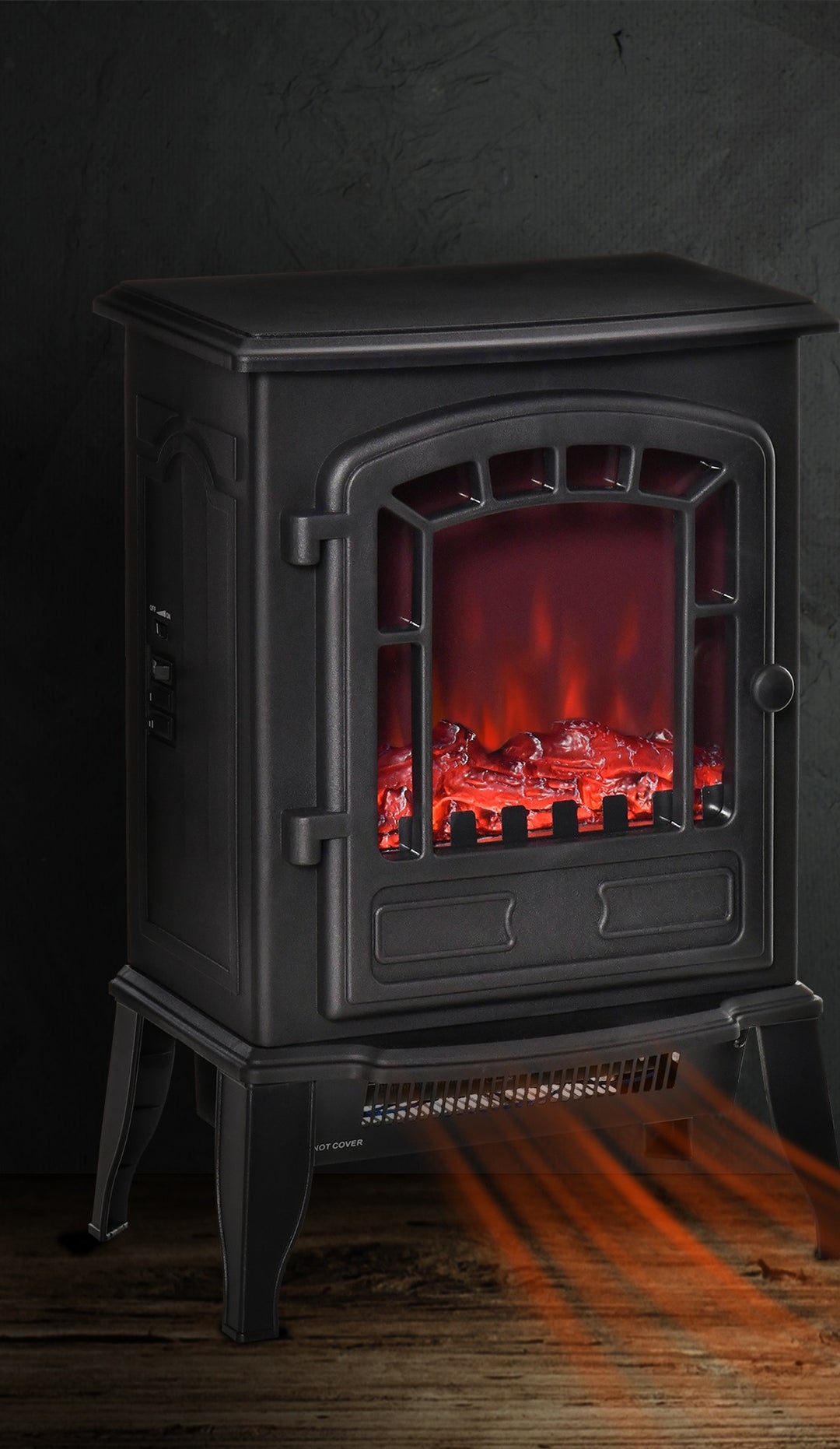 Black electric stove heater with glass front flames