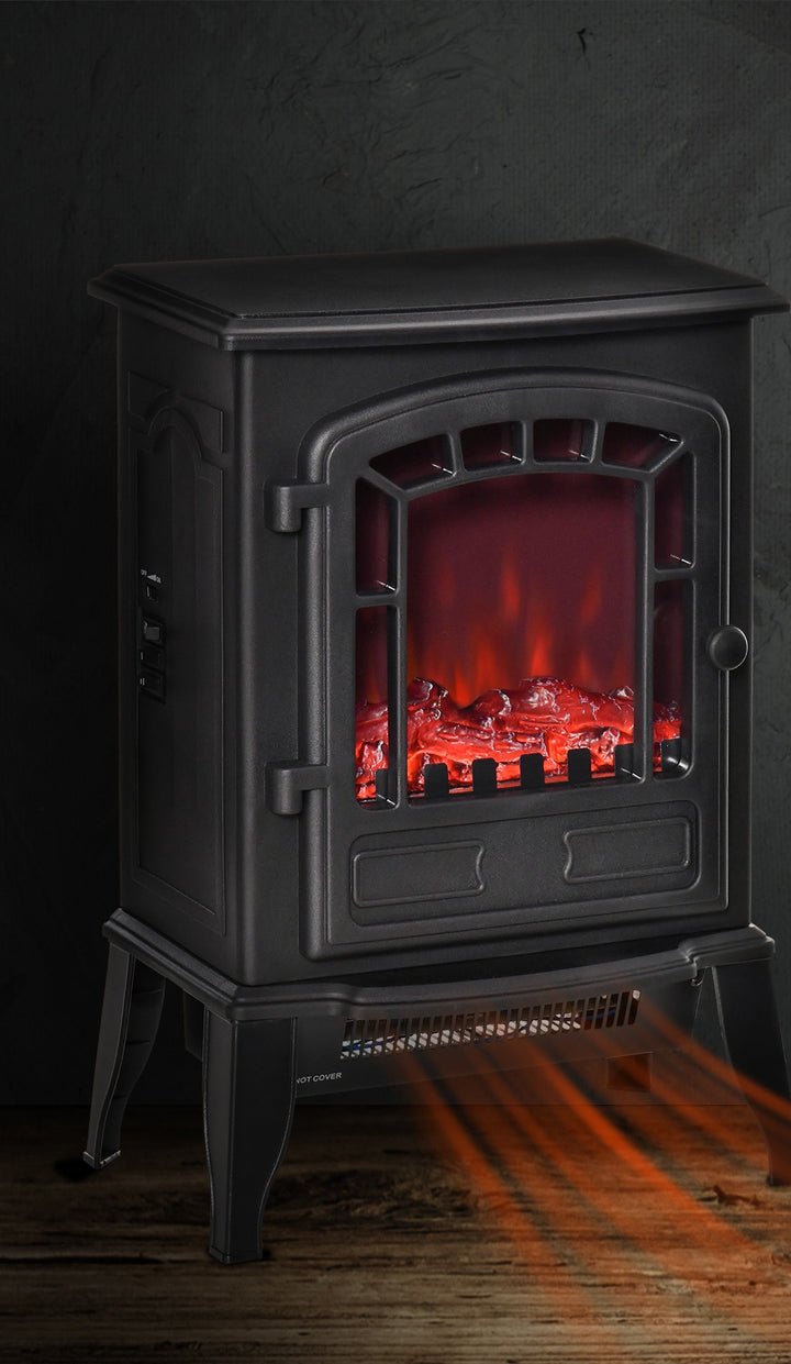 Black electric stove heater with glass front flames