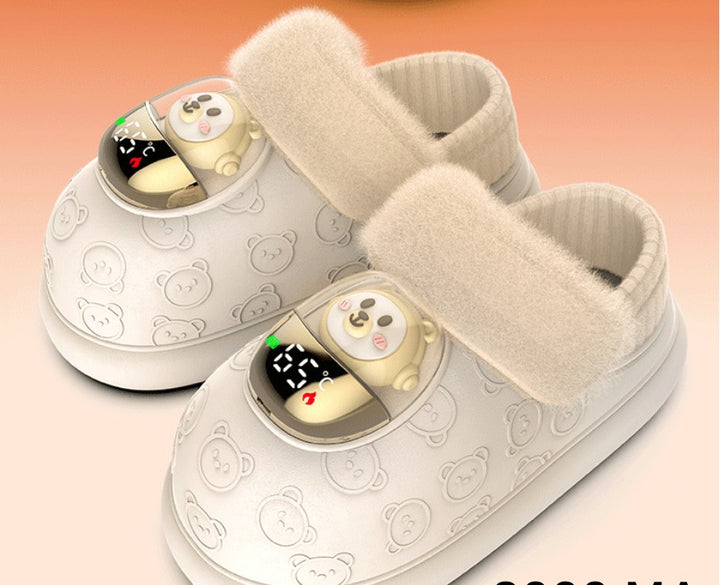 Beige rechargeable heated slippers with display