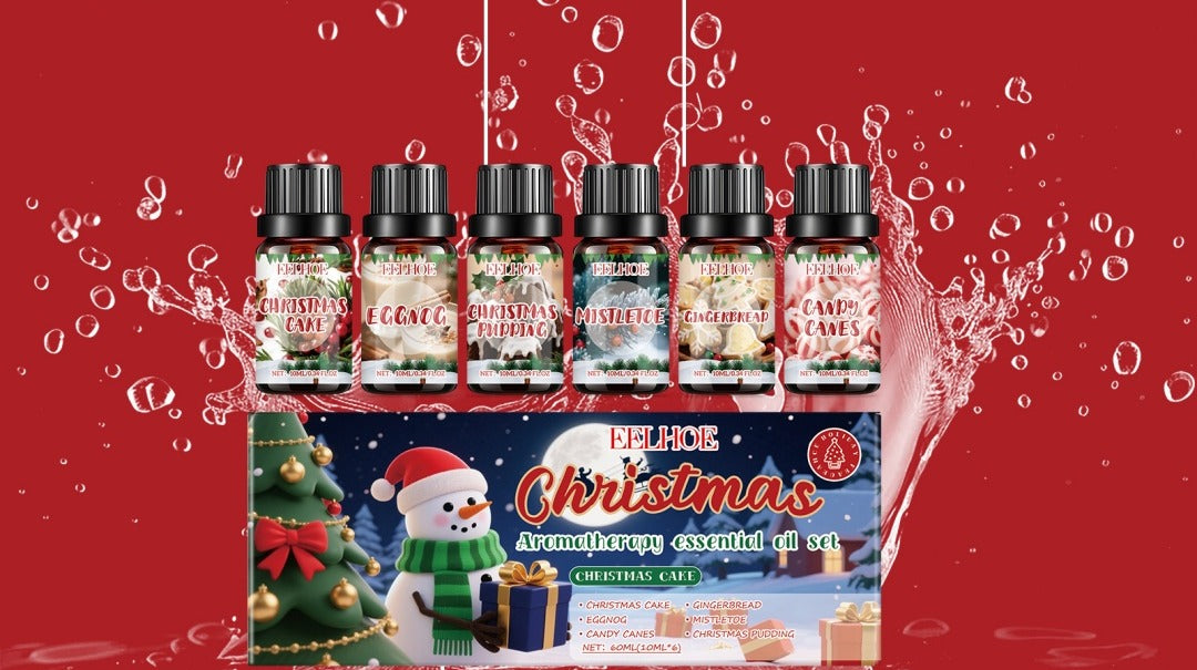 Six Christmas fragrance oil bottles in gift box