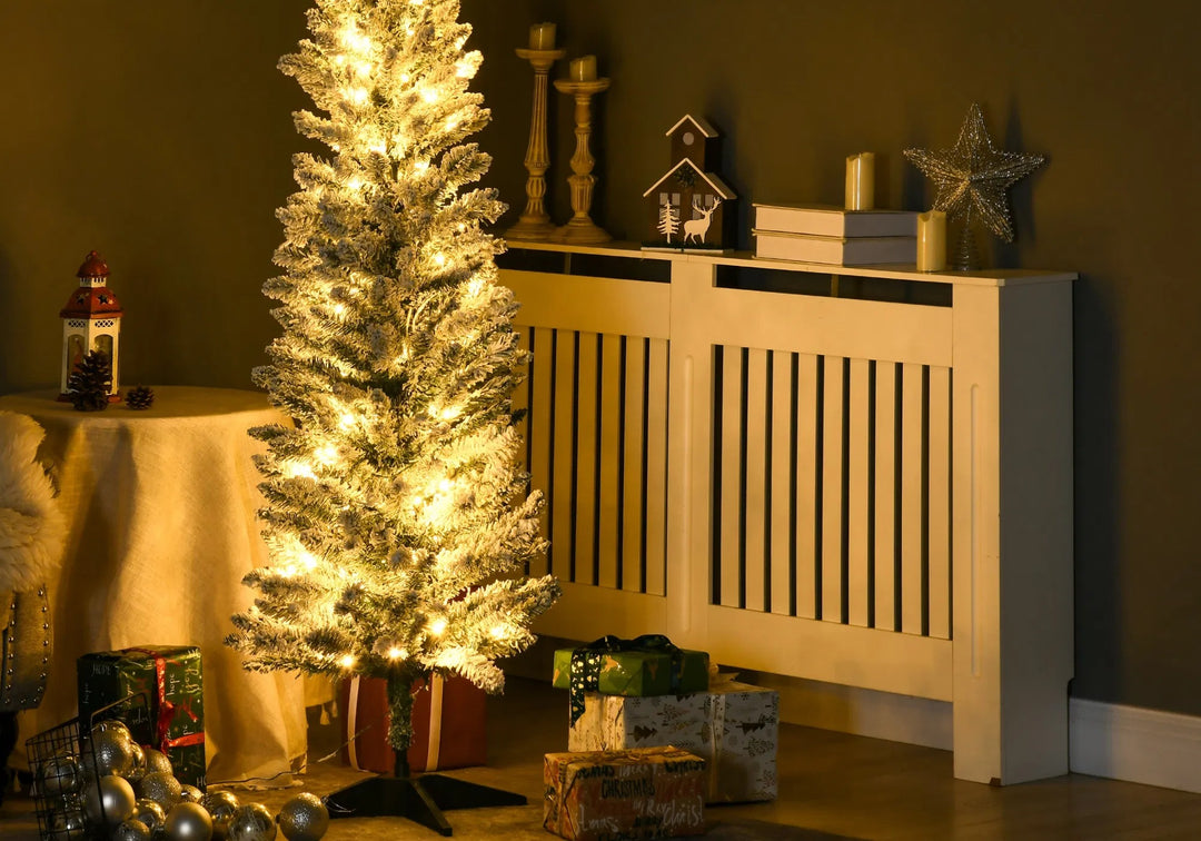 White flocked slim pencil Christmas tree lit warm