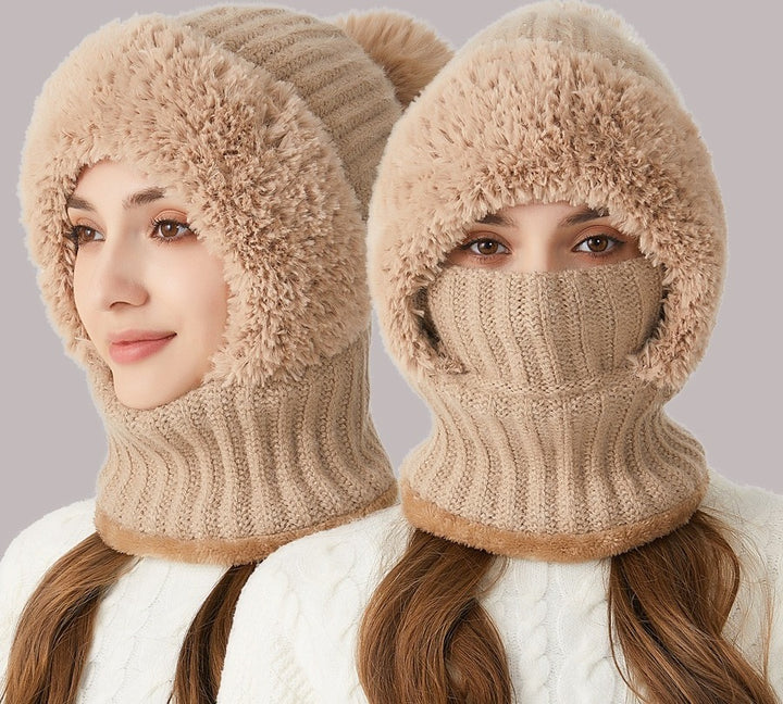 Woman wearing knit hood with scarf