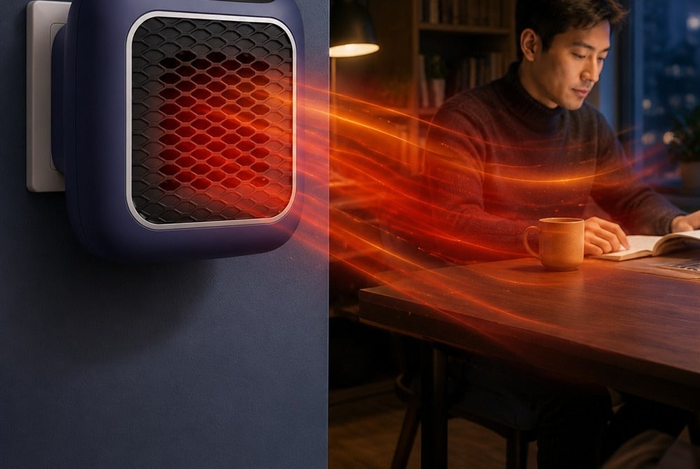 Compact gray wall-socket space heater