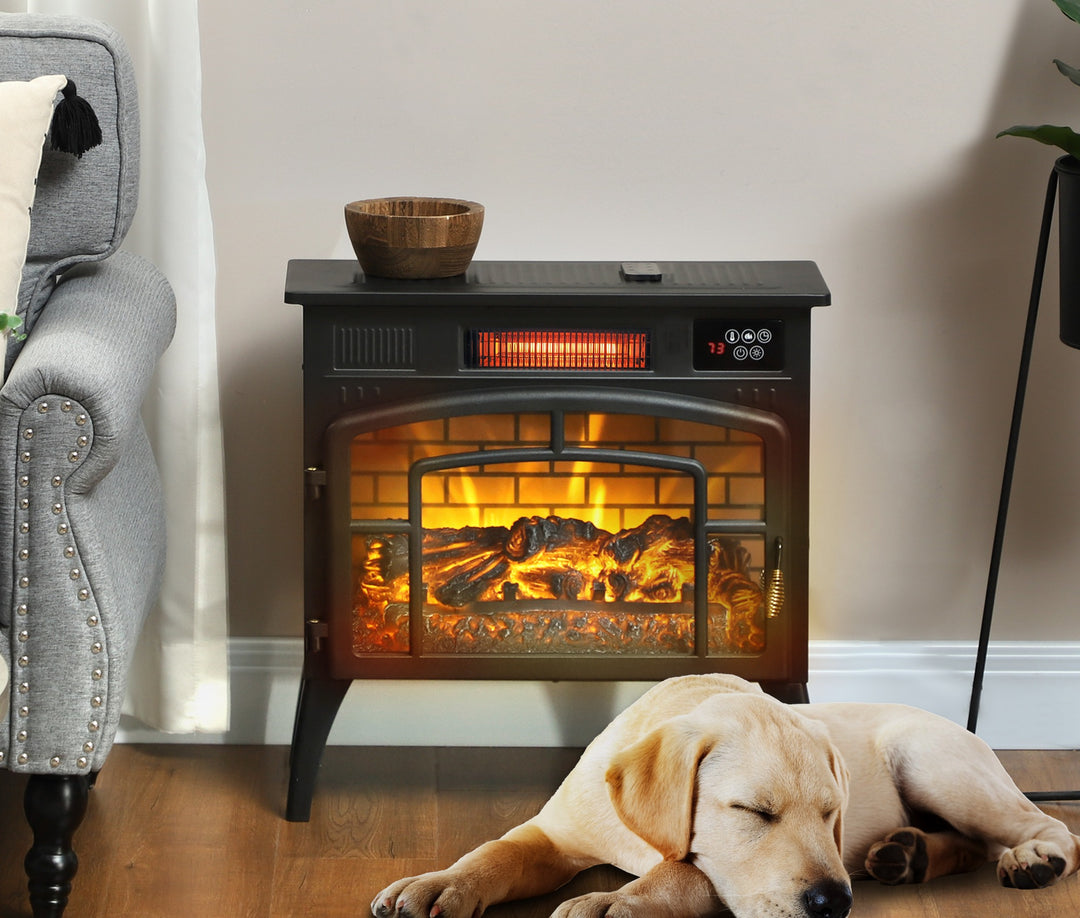 Black three-sided electric stove with colored flames