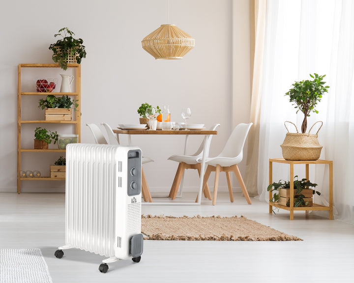 White eleven-fin oil-filled radiator with wheels