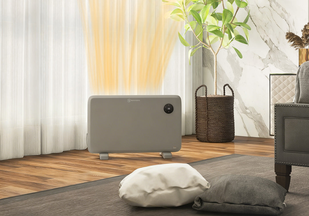 Gray slim panel heater in a living room