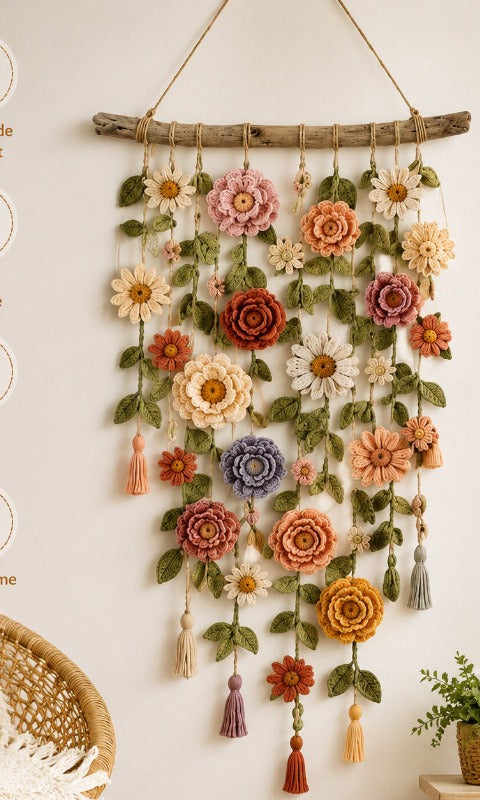 Boho fabric flower wall hanging on wooden branch