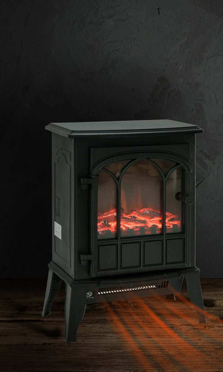 Black electric fireplace stove with LED log glow