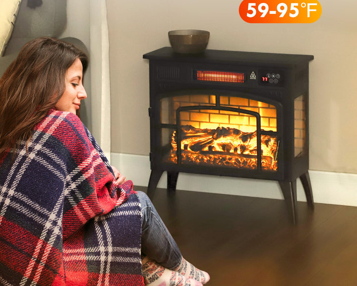 Black three-sided electric stove with colored flames