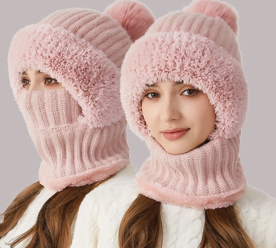 Woman wearing knit hood with scarf