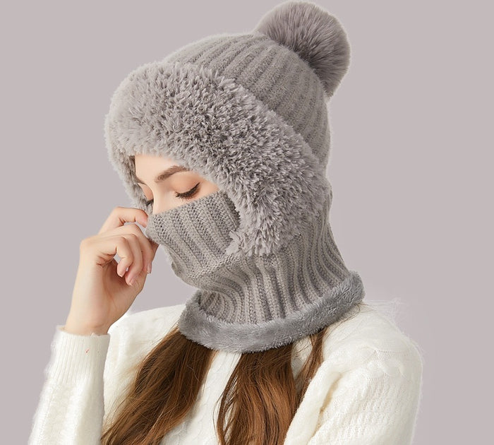 Plushridge Knit Hood Hat with Scarf and Face Cover, Plush Lined
