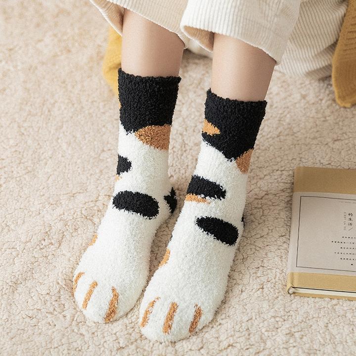 Cute Cat Paw Socks in Plush Coral Fleece – One Size Fits Most