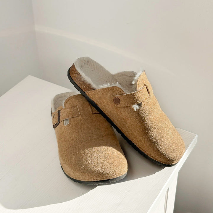 Suede Clogs with Faux Fur Lining and Cork Footbed