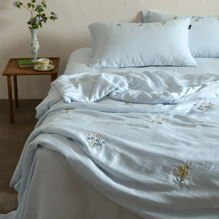 Embroidered Linen Cotton Bedding Set, Breathable and Washable