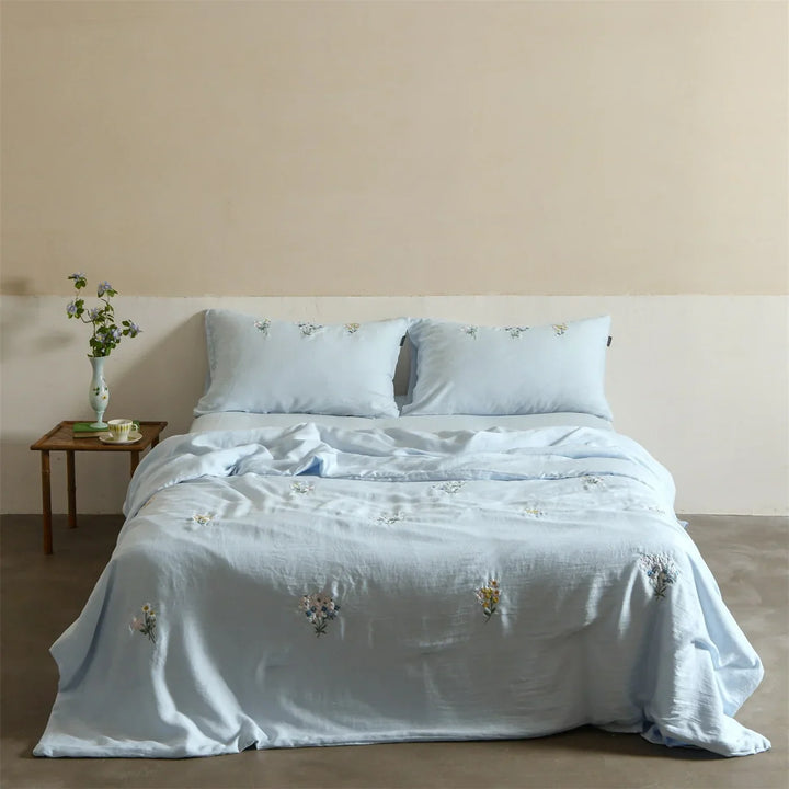 Embroidered Linen Cotton Bedding Set, Breathable and Washable