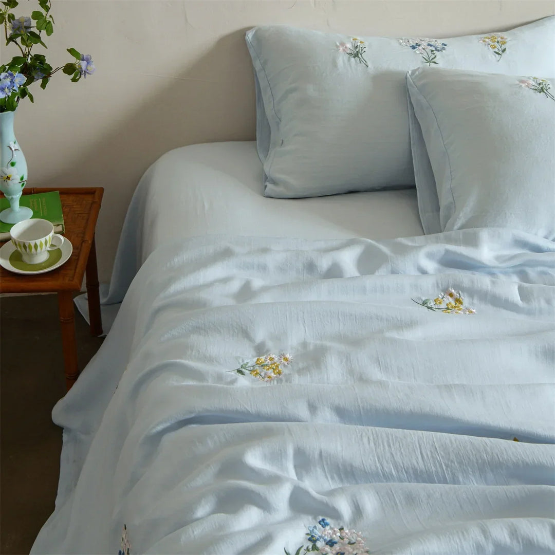 Embroidered Linen Cotton Bedding Set, Breathable and Washable
